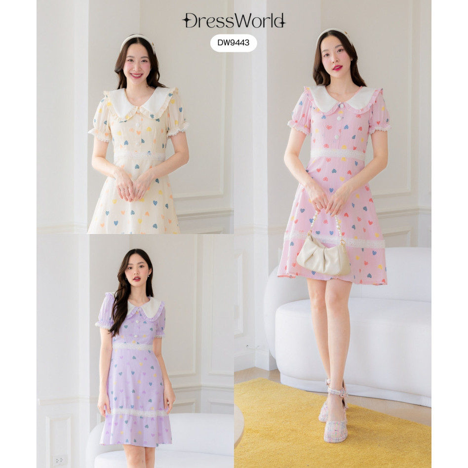 Fairyangelstore - เดรสคอปกแต่งเอวลูกไม้ลายหัวใจ (DW9443)
