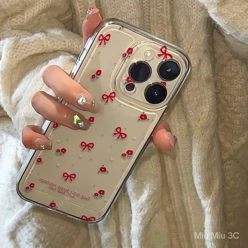 เคสโทรศัพท์มือถือแบบนิ่ม ใส กันกระแทก กันฝุ่น ลายดอกไม้จิ๋ว สีแดง สําหรับ iPhone 15ProMax 15 14 13 12 11 Pro Max X XS Max XR Plus 7 8 15 Plus BIRR