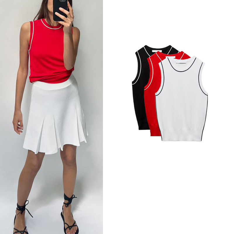 Zara สไตล ์ อเมริกัน BM สไตล ์ หวาน All-Match Contrast Trim Flat Needle Top 8851008