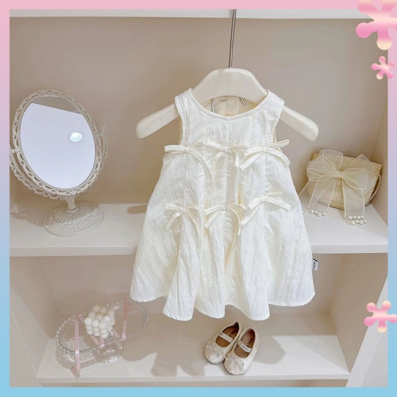Korean Style Sweet Girl Wear Girl French Dress Baby Girl Summer Sleeveless Western Style Solid Color Bow Vest Dress