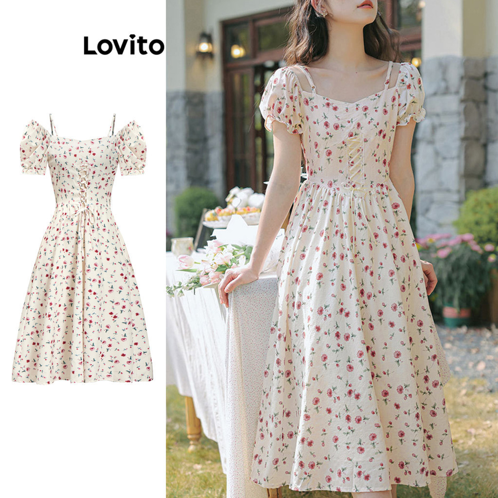 Lovito ชุดเดรสผู้หญิง แบบผูกเชือก ลายดอกไม้ สไตล์โบโฮ L87ED194