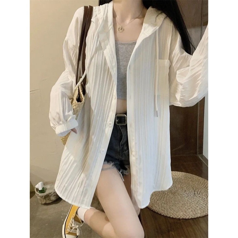 สีขาวคลุมด ้ วยผ ้ าบาง Sun-Proof Coat ผู ้ หญิงความยาวกลาง Flab ซ ่ อนกระชับสัดส ่ วนผู ้ หญิงสวมใส ่
