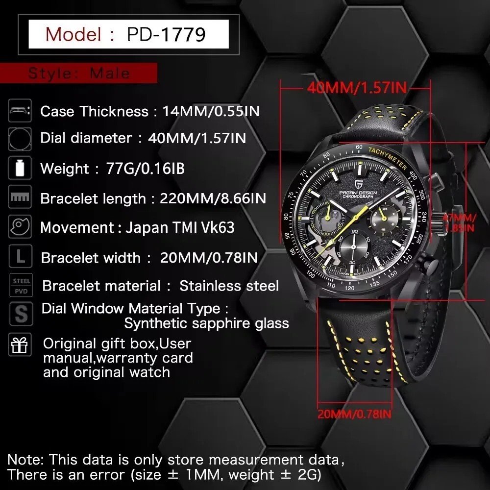 PAGANI DESIGN ต้นฉบับ 40 มิลลิเมตรผู้ชายนาฬิกาญี่ปุ่น TMI VK63 โครโนกราฟ AR แซฟไฟร์แก้วผู้ชายนาฬิกาควอตซ์ PD-1779