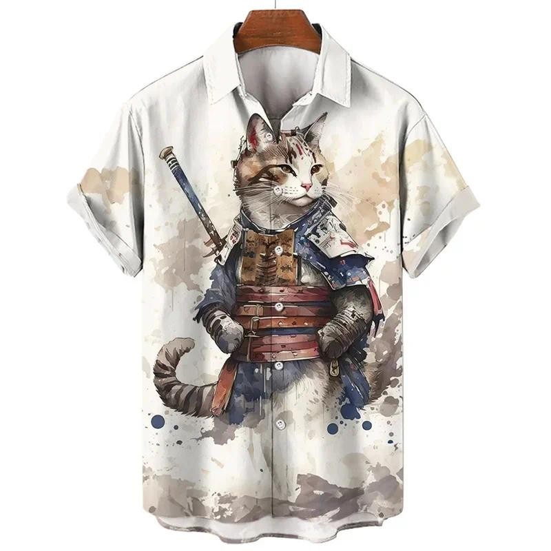 เสื้อเชิ้ตผู้ชาย พิมพ์ญี่ปุ่น Camurai Cat เสื้อลําลองผู้ชายฤดูร้อนแขนสั้นเสื้อยืด Aloha เสื้อ