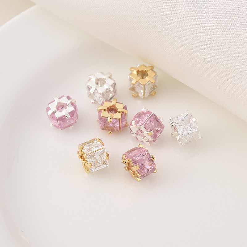 Spacer ลูกปัด 14K Gold-ห ่ อสูงสีฝังสี ่ ด ้ านสีชมพูเพทาย Cube น ้ ําตาล Spacer ลูกปัด Handmade diy Silver-Plated Square Pas