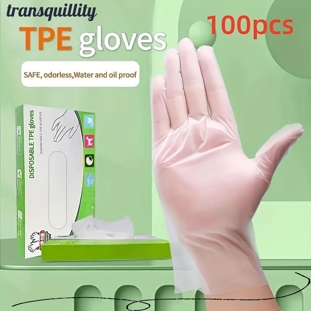Transquillity ถุงมือทําความสะอาด 100 ชิ้น, ถุงมือแบบใช้แล้วทิ้งความปลอดภัยในการทํางานกรดโปร่งใส, ถุงมือฟรียางลาเท็กซ์ เวลา กันลื่นเกรดอาหาร