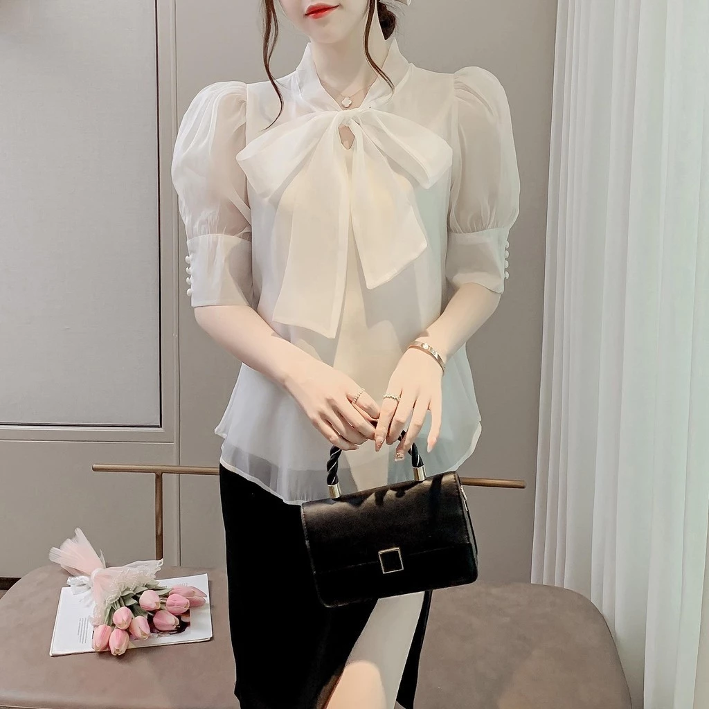 Lune_Graceเสื้อเชิ้ตแขนตุ๊กตา ดีเทลพูกโบว์ดานหน้า ผ้าชีฟองแฟชั่นแนวเกาหลี สีพึ้น สวย น่ารัก รุ่นw335