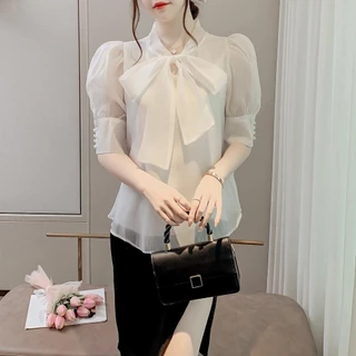 Lune_Graceเสื้อเชิ้ตแขนตุ๊กตา ดีเทลพูกโบว์ดานหน้า ผ้าชีฟองแฟชั่นแนวเกาหลี สีพึ้น สวย น่ารัก รุ่นw335