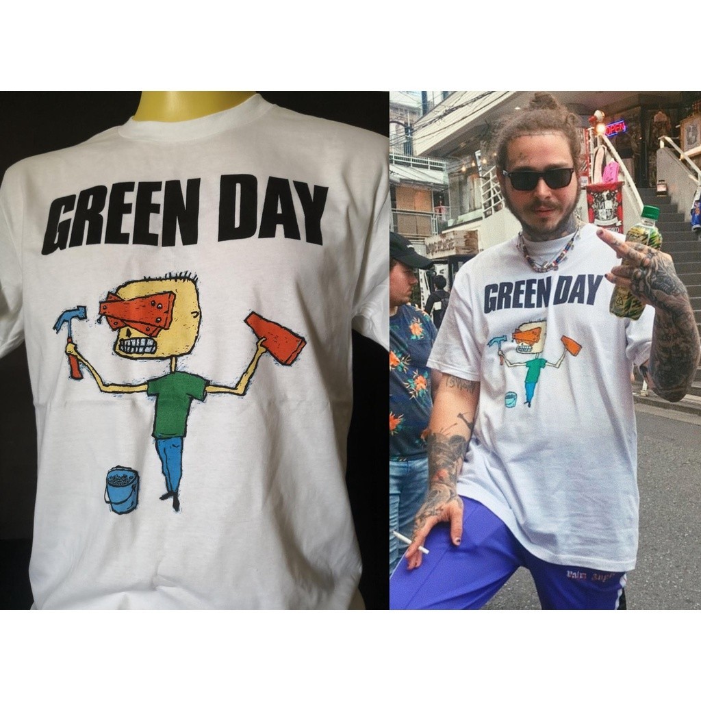 Post Malone ผ้าฟอกเฟด ตะเข็บเดี่ยว ป้ายนอก เสื้อยืดสีขาวเสื้อวงนำเข้า Green Day Nimrod worn by Post Malone s-5xl