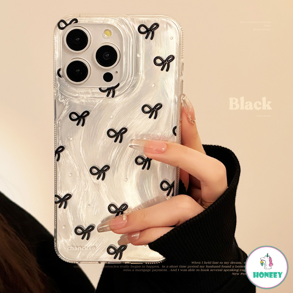 แฟชั่นสีดํา Bowknot Feather เส้นด้ายเคสโทรศัพท์สําหรับ Iphone 11 15 16 Promax 16plus 12 14 13 Pro Max Scratch-proof กันกระแทกนุ่มปกหลัง