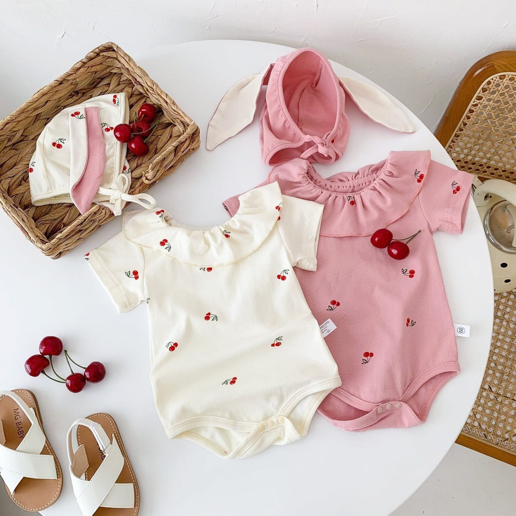 ฤดูร้อนเด็กสาวเชอร์รี่แขนสั้น ชุดรอมเปอร์ + หมวก0-24เดือนเสื้อผ้าเด็กบางน่ารักกระต่ายสามเหลี่ยมปีนเขาเสื้อผ้าบอดี้สูทกับหมวก