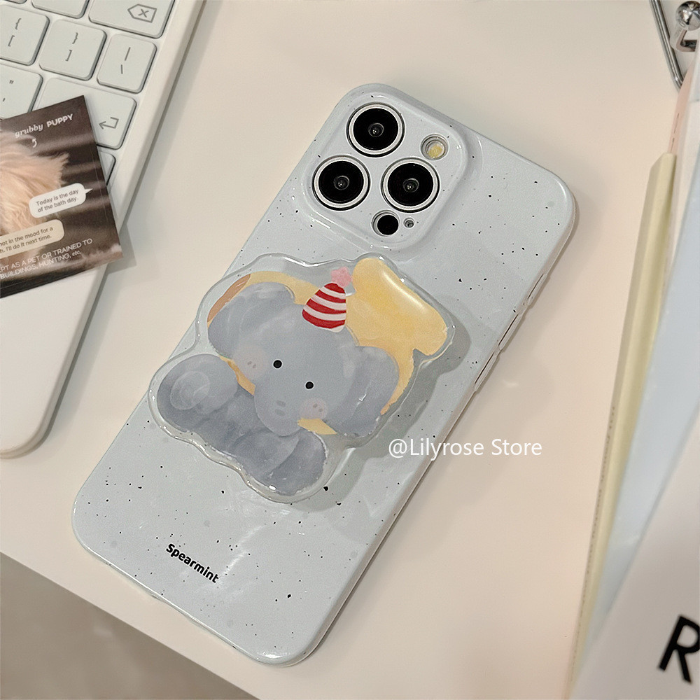 Ins เกาหลีน่ารักการ์ตูนช้างปลอกiPhone 15 14 13 12 11 Pro Max Xs Max Xr 7 8 Plus Apple iPhoneกรณีการ์ตูนโทรศัพท์ยืนผู้ถือฟิล์มนุ่มคลุมทั้งหมดป้องกันกล้อง