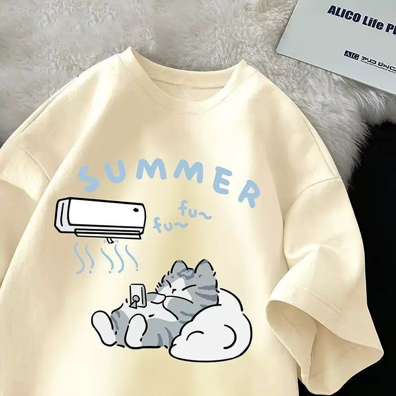 เสื้อยืดแขนสั้นพิมพ์ลายผ้าฝ้ายแท้ฤดูร้อนใหม่สไตล์เกาหลี อิน คู่หลวมอเนกประสงค์ครึ่งแขนเสื้อด้านบน
