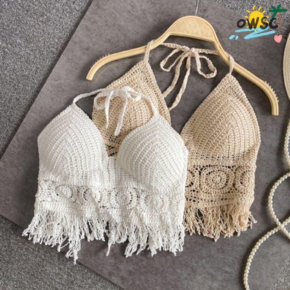 Owsc ชุดชั้นในสตรี, พู่เย็บปักถักร้อยเสื้อกล้ามสั้น, ฤดูร้อนชายหาด Hollow Out ถัก Bra