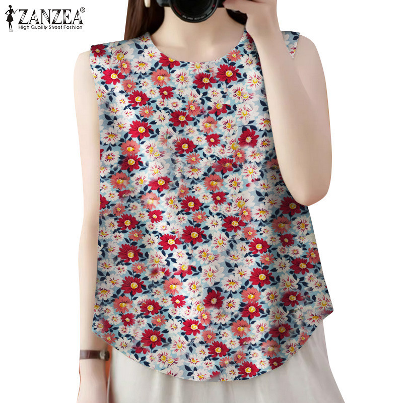 Zanzea เสื้อกล้ามแขนกุดพิมพ์ลายดอกไม้คอวีสไตล์เกาหลีสําหรับผู้หญิง