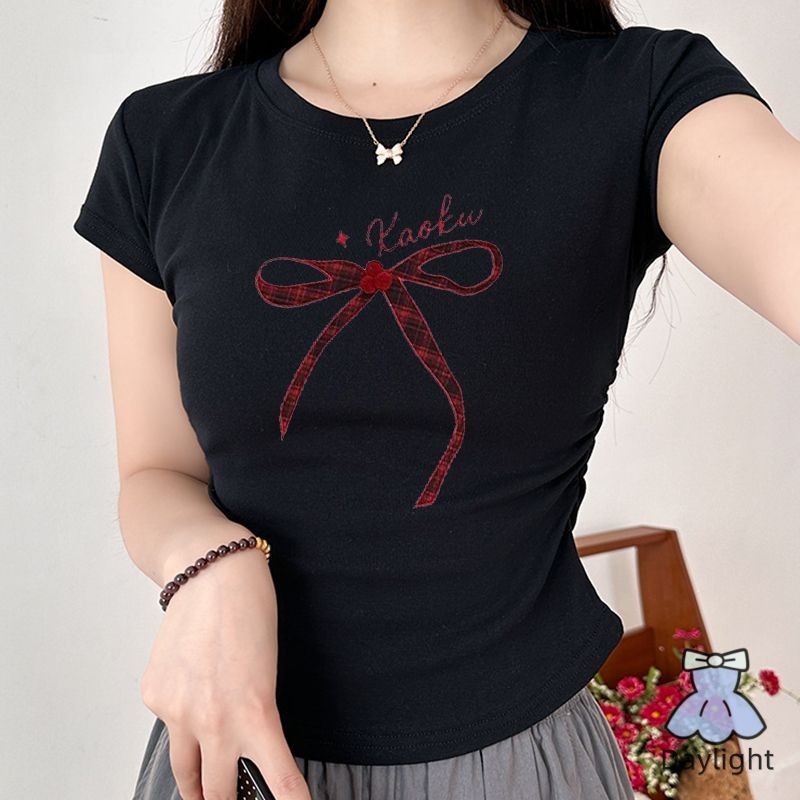 โบว์แขนสั้นเสื้อยืดผู้หญิงฤดูร้อนสั้นเสื้อยืดการออกแบบความรู้สึกบางพอดีด้านบน DL