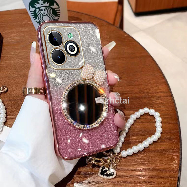 เคสโทรศัพท์ infinix Smart 8 Hot 40 Pro Hot 40i Hot 30i Hot 30 Play Smart 8 Pro หรูหราแวววาวชุบโทรศัพท์กรณี กรณีโทรศัพท์ใสเปลือกหอยมุกโบว์กระจกแต่งหน้าพร้อมสร้อยข้อมือ เคส infinix Smart 8 Hot 40 Pro Hot 40i Hot 30i Hot 30 Play Smart 8 Pro