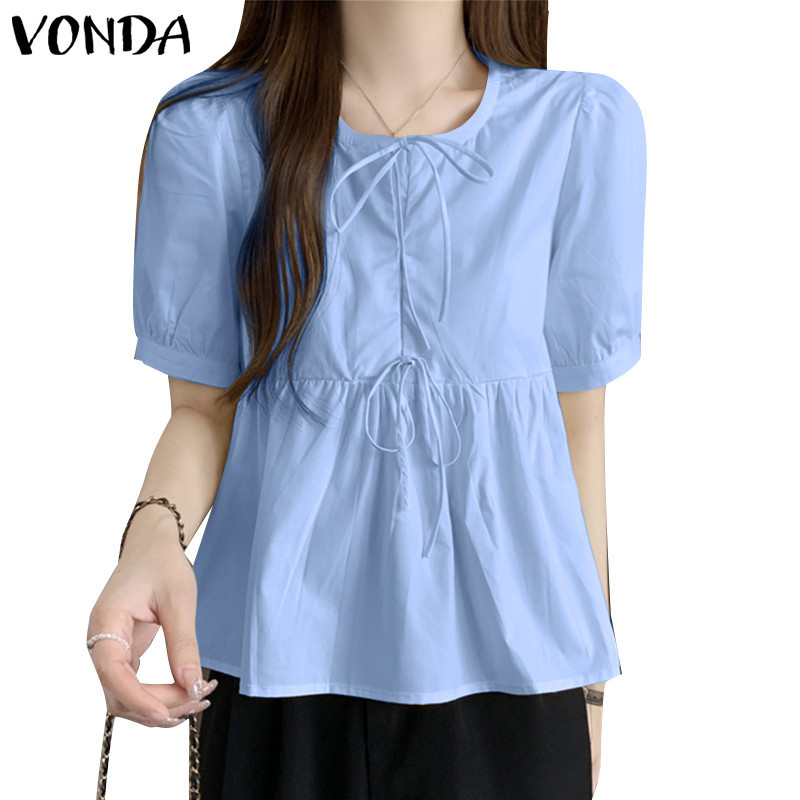 Vonda ผู ้ หญิงเกาหลีลําลองโคมไฟแขนผูกรอบคอสีทึบเสื ้ อ