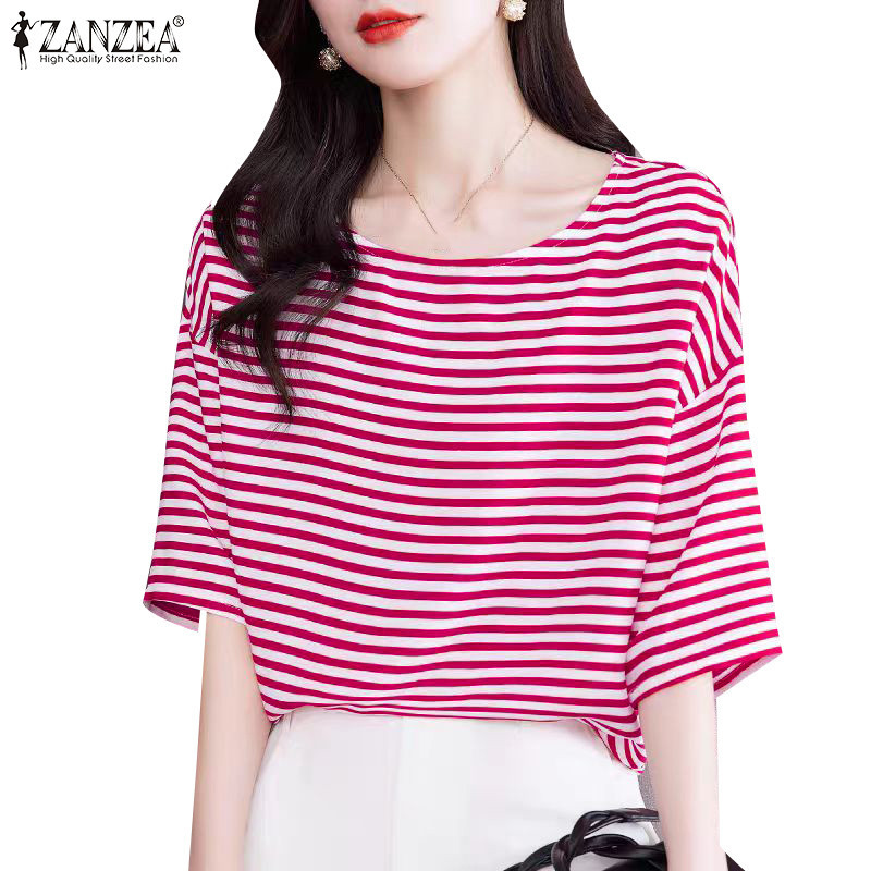 Zanzea ผู ้ หญิงแฟชั ่ นเกาหลีคอกลมลาย 3/4 เสื ้ อยืดหลวมแขน