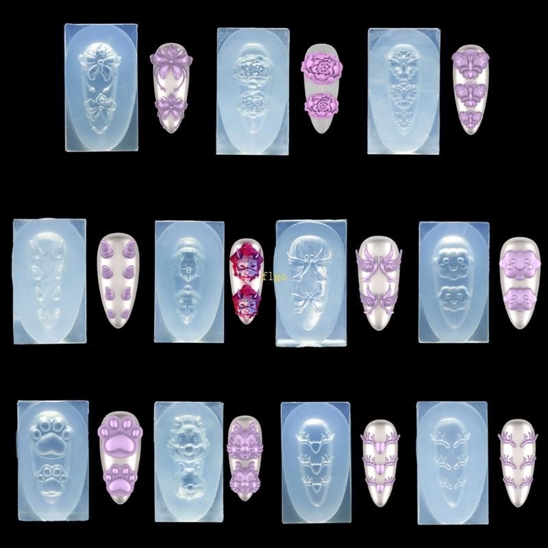 Flgo แม่พิมพ์เพ้นท์เล็บซิลิโคน Ghost Animal Cloud Antler Pattern 3d แม่พิมพ์แกะสลักเล็บ
