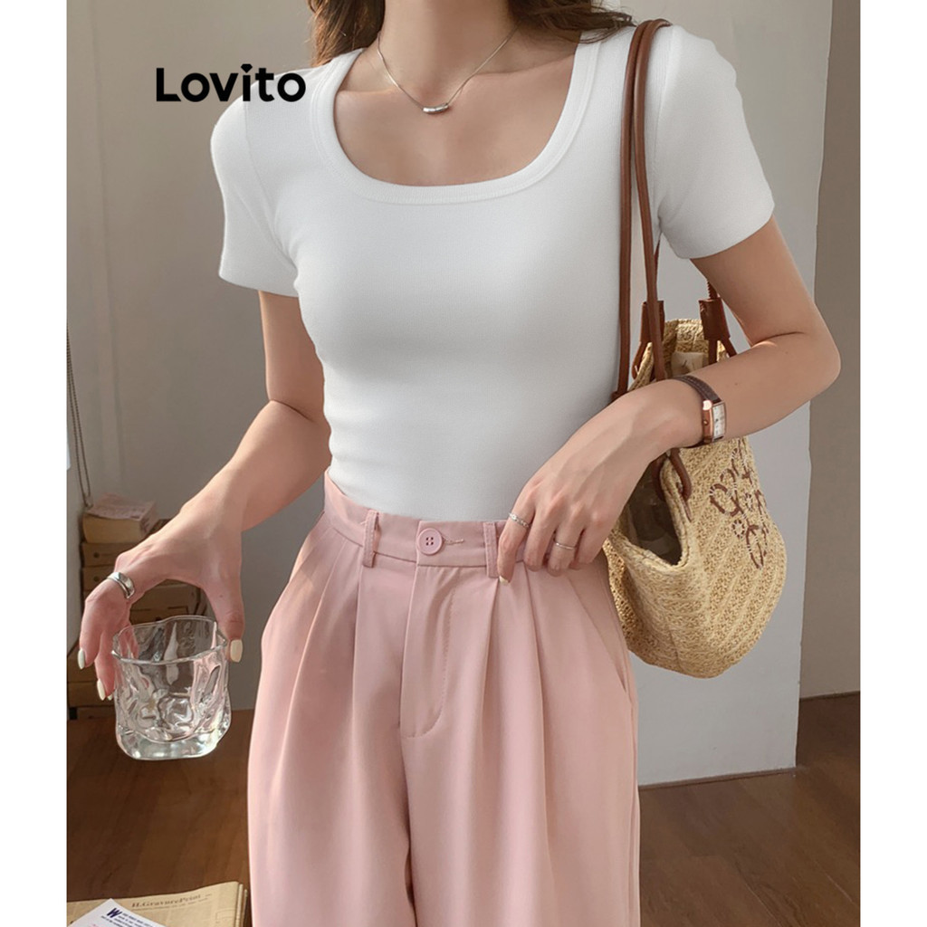Lovito เสื้อยืดผู้หญิง เบสิก สีพื้น สไตล์ลำลอง LNE30004 (สีอาร์มี่กรีน / สีเทา / สีขาว / สีดำ)