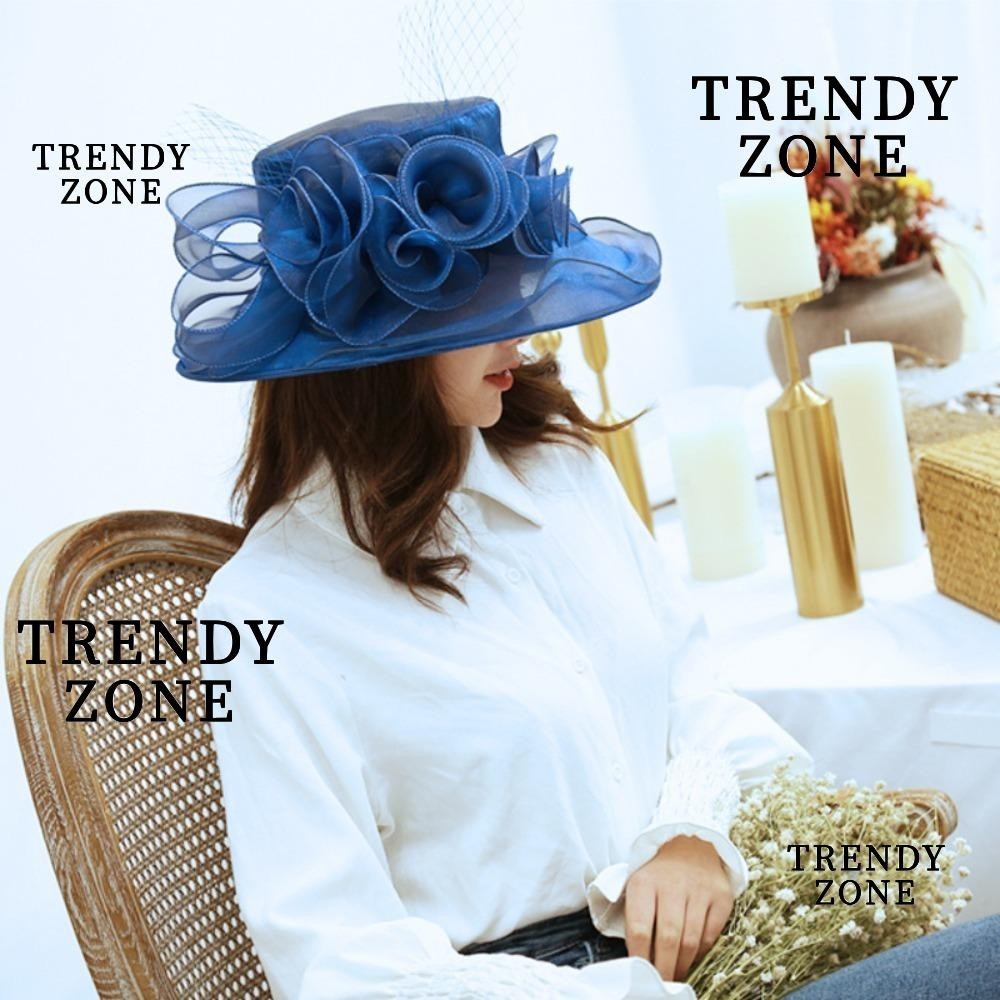 Trendyzone Sunhats, Organza หมวกปีกกว้างงานแต่งงาน, Elegant Ruffles ครีมกันแดดดอกไม้ตาข่ายหมวกวินเทจฝรั่งเศส
