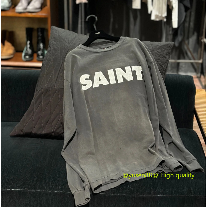 **** Hot ***Michael Saint 24fw New Classic Logo Washed Distressed Long Sleeve Retro T-Shirt
