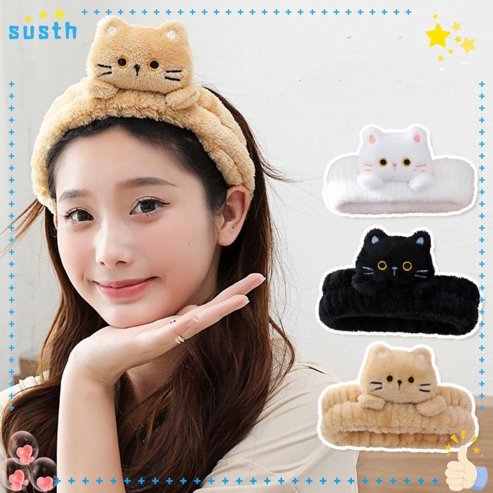 Susth แต่งหน้าล้างหน้า Hairbands, ยืดหยุ่นการ์ตูนแมว Coral ขนแกะหัว,น่ารักลื่น Traceless อุปกรณ์เสริมผมผู้หญิง Facial Spa Headwear