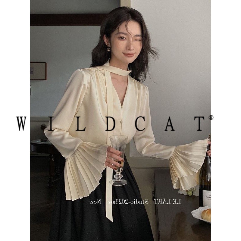 เสื้อเชิ้ตริบบิ้นแขนออร์แกนอ่อนโยนผู้หญิงต้นฤดูใบไม้ผลิสไตล์ใหม่ออกแบบ ซอก ซาตินด้านบนหลวมเสื้อทั้งหมด