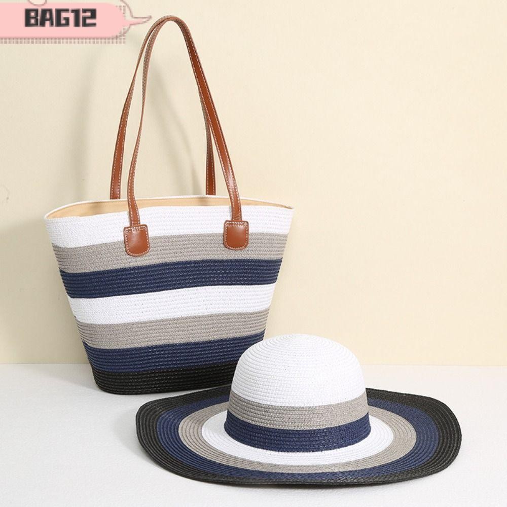 Bag12 กระเป๋าสะพายทอ, ลายทางความจุขนาดใหญ่, กระเป๋าถือฟางซิปสี่เหลี่ยมลําลองวันหยุด
