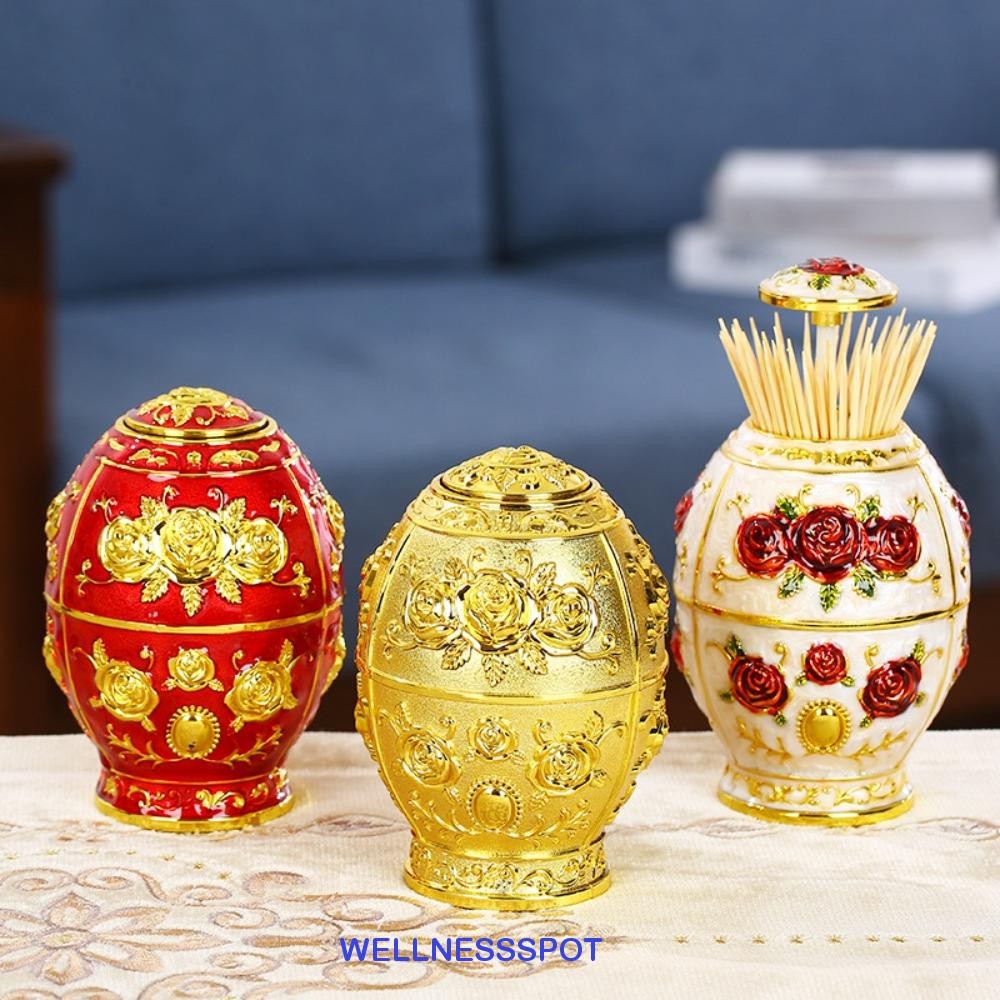 Wellnessspot กล่องไม้จิ้มฟันสไตล์ยุโรป ที่ใส่ไม้จิ้มฟันดอกไม้อัตโนมัติรูปไข่ ลายกุหลาบนูน กดประเภท Retro สําหรับชายามบ่าย