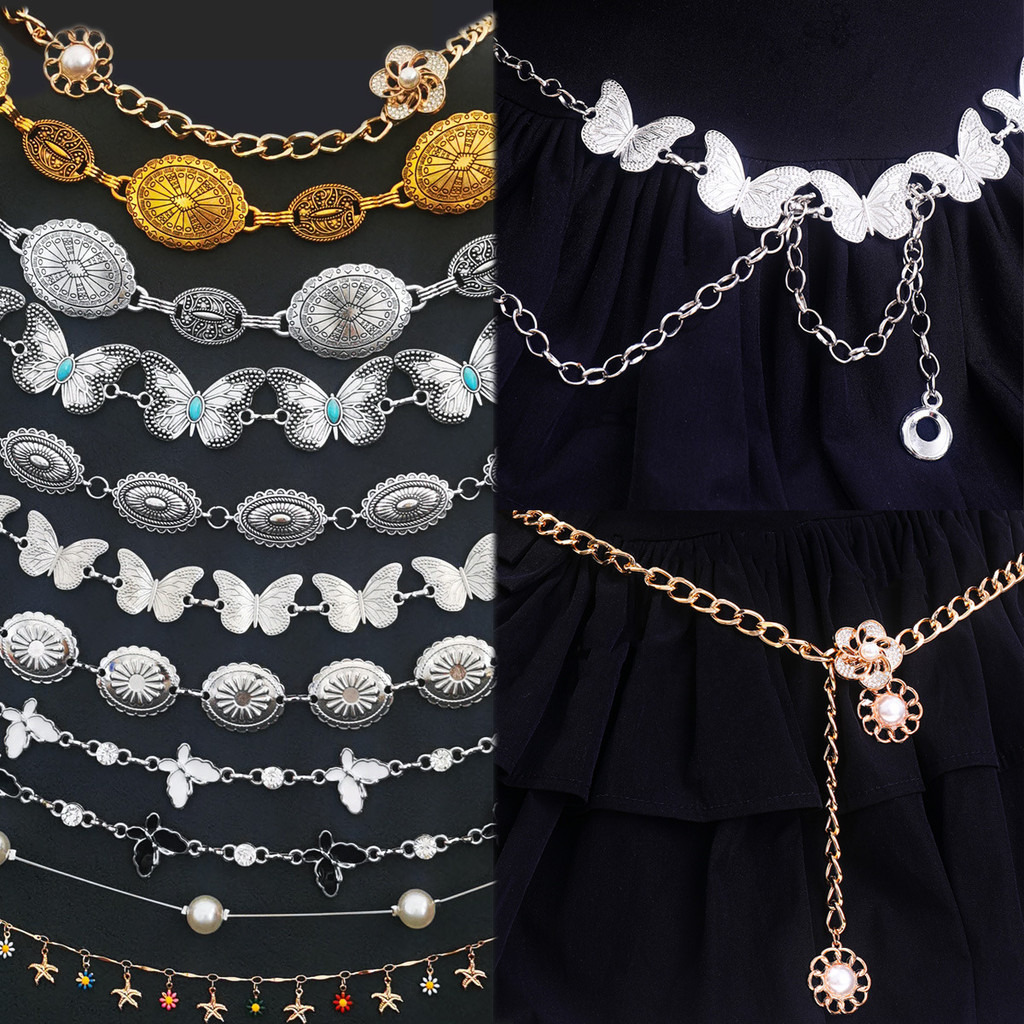 โซ่เอวผีเสื้อโลหะ เข็มขัดสไตล์ Y2K มุกสีเงิน เครื่องประดับกระโปรง วินเทจ