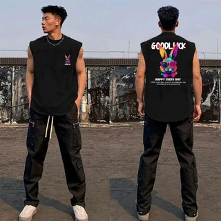 Y-T⚡เสื้อกั๊กแขนกุดชาย ยูนิเซ็กส์ เสื้อแขนกุด ไม่หดตัว ผ้าฝ้าย100% คอกลม "ขอให้โชคดี" สวมใส่สบาย สตรีทสไตล์