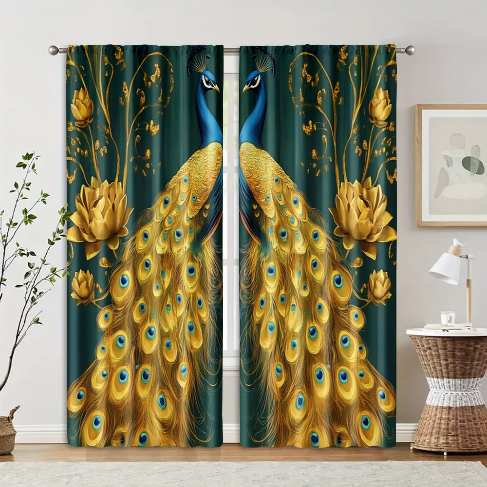 แนะนำ ผ้าม่าน 2ชิ้น ผ้าม่าน ม่านม้วน 2ง พิมพ์นกยูงสีทองพิมพ์โพลีเอสเตอร์ทนทาน (ไม่มีก้าน) ใช้วันหยุดสําหรับประเภทห้องต่างๆ ราคาพิเศษ มีเก็บเงินปลายทาง