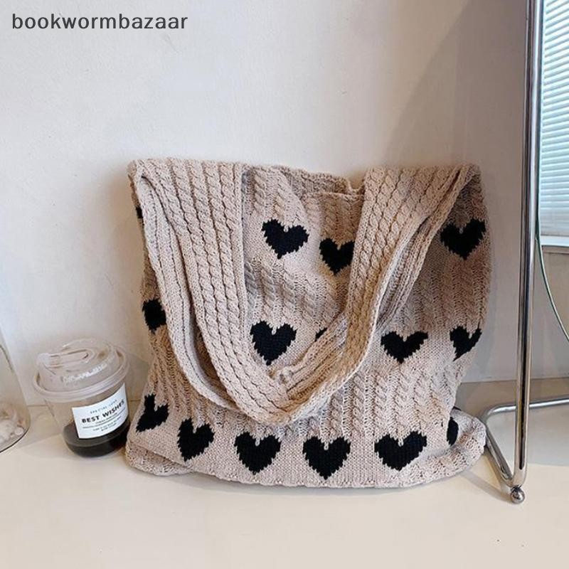 [BOK] Love Heart Graphic ถัก Tote Bag แฟชั่นทอกระเป๋าสะพายความงามโครเชต์กระเป๋าสําหรับผู้หญิง [TH]