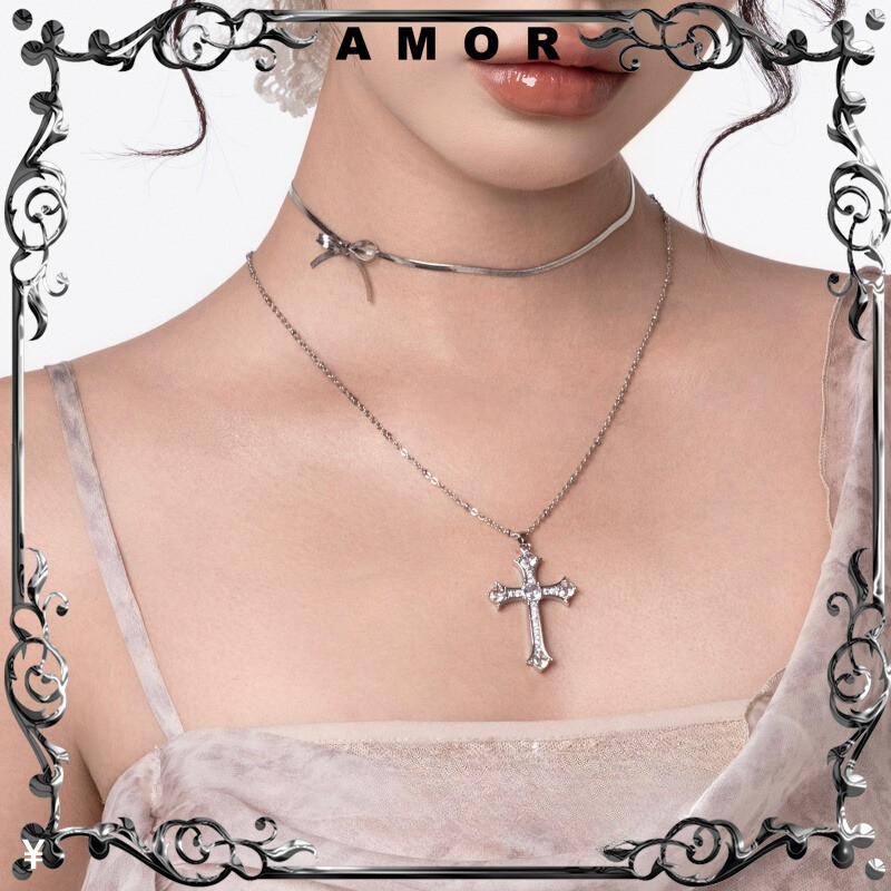 Choker สแตนเลสชุบ 18K Golden Diamond Cross Bow สร้อยคอสองชั้น Y2K เครื่องประดับสีทองและสีเงินทุกวัน