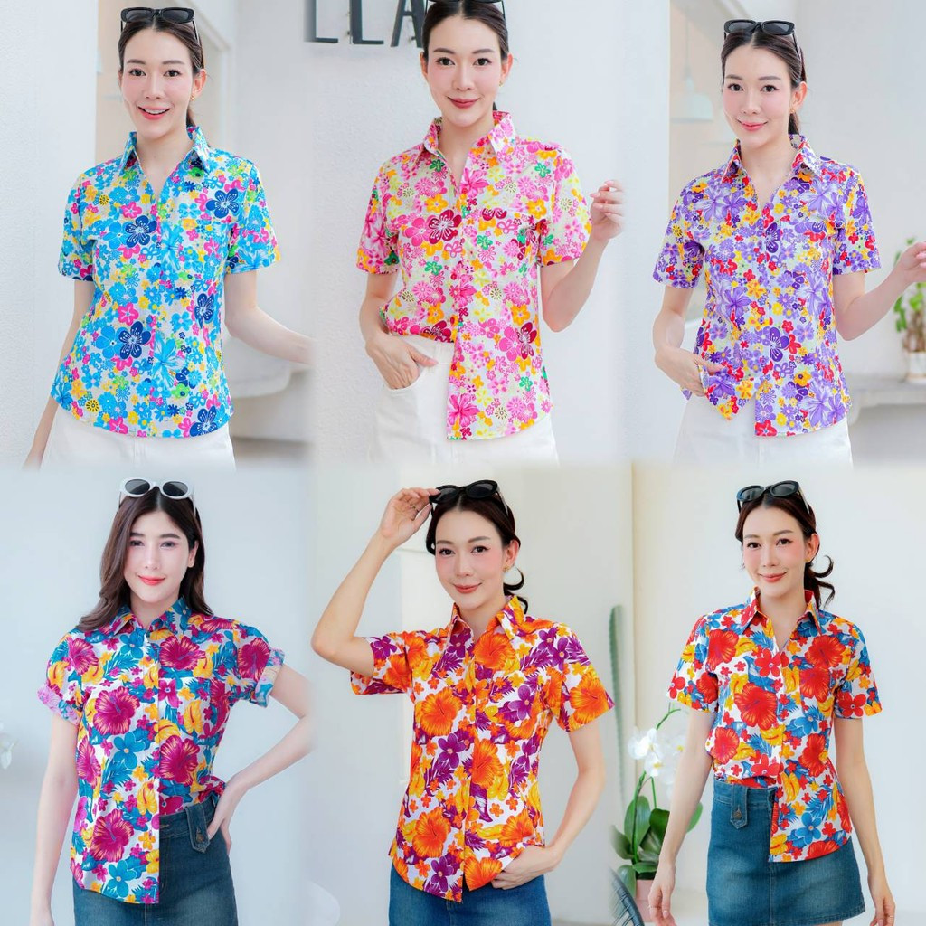 ดอกไม้สีชมพู 2025 เสื้อสงกรานต์ดอกไม้คอปกแขนสั้นผู้หญิงท็อปส์แห้งเร็วระบายอากาศสบาย