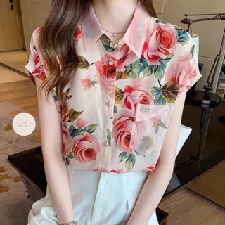 เสื้อเชิ้ตแขนสั้นผ้าชีฟองลายดอกไม้ดีไซน์สวย