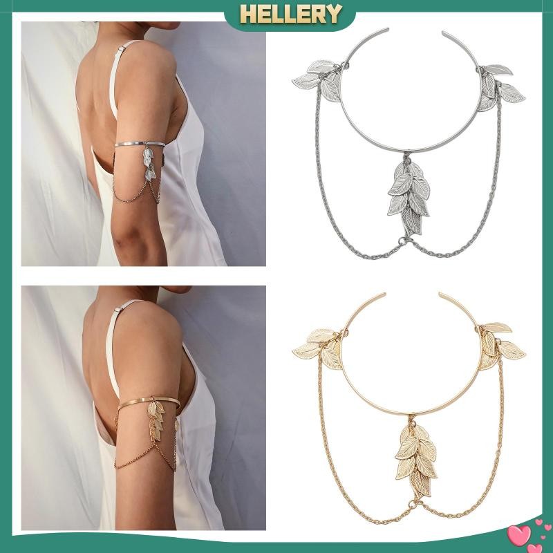 [HelleryPH] Greek Leaf Feather Tassels Arm Bracelet Cuff metal Open Upper Arm Bracelet Adjustable fo