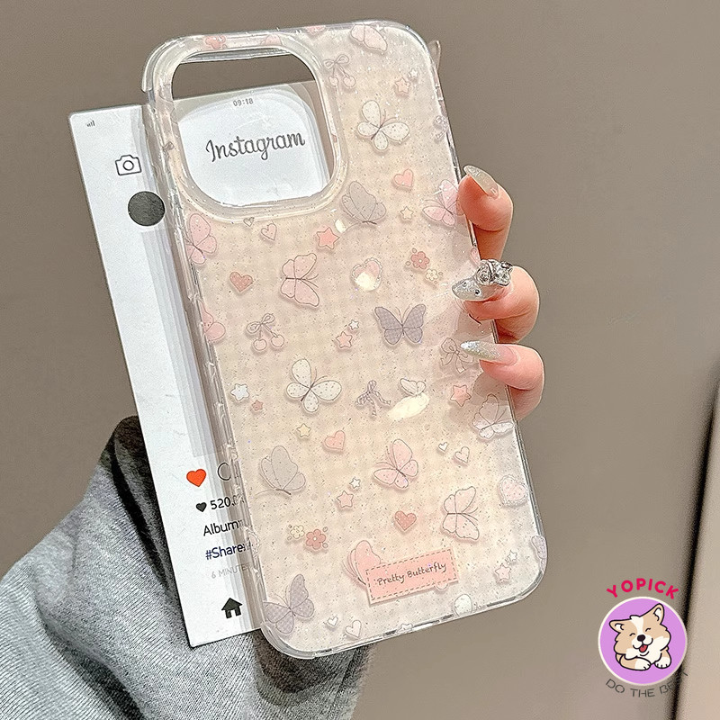 สําหรับiphone 16 16Pro 16Plus 16Pro Max 11 12 13 14Plus 15Pro XR XS Max 6 7 8Plusโปร่งใสGlitterโทรศัพท์Parsimonousผีเสื้อสาวนุ่มSlicone Bling SF