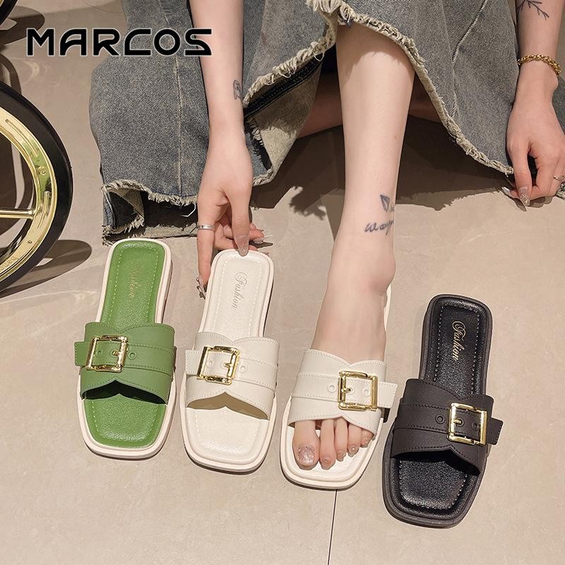 MARCOS รองเท้าแตะเกาหลี รองเท้าแบนสตรี รองเท้าแตะแฟชั่นสบาย ๆ สีขาว รองเท้าแตะหรูหรา รองเท้าแตะ Frosted รองเท้าฤดูร้อน