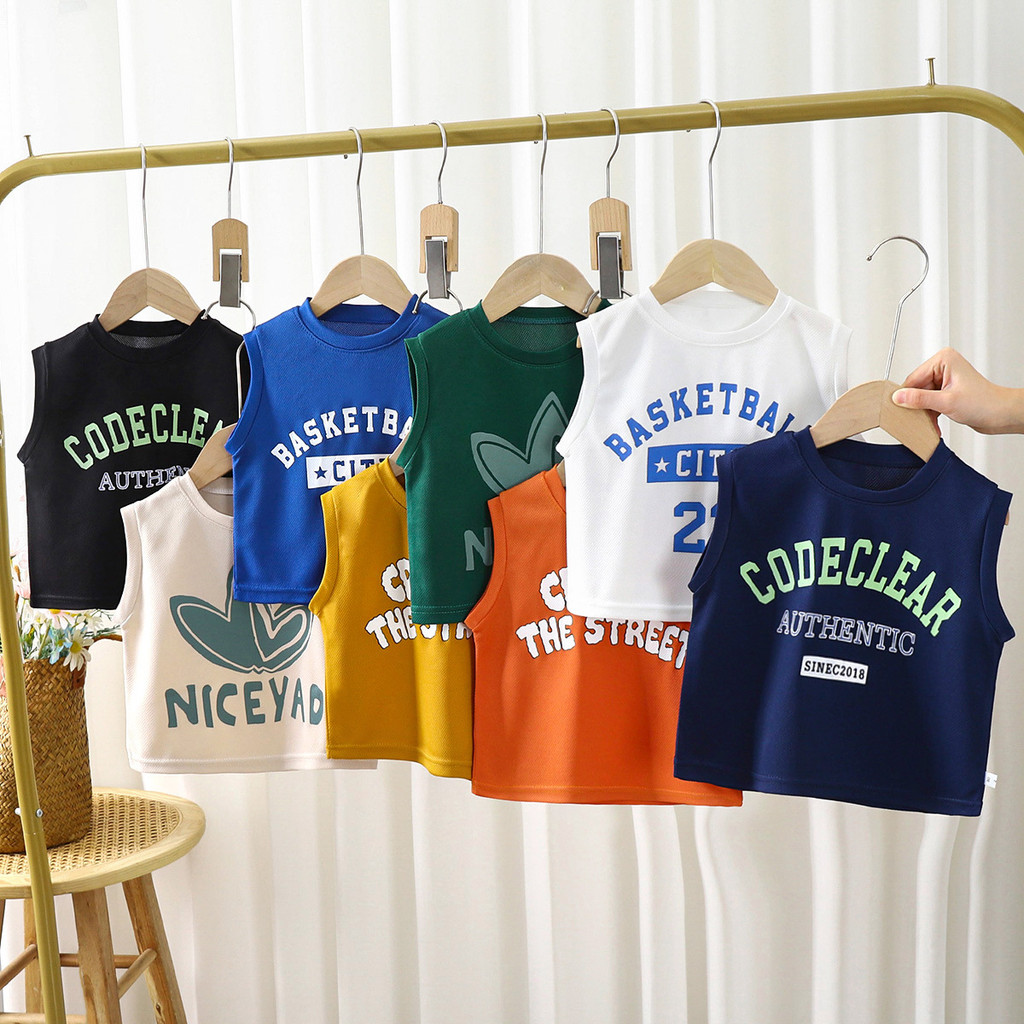 ชุดกีฬาเด็กฤดูร้อนแห้งเร็ว เสื้อกั๊กแขนกุดสำหรับเด็กชาย เสื้อยืดระบายอากาศแขนสั้นสำหรับเด็กเล็ก