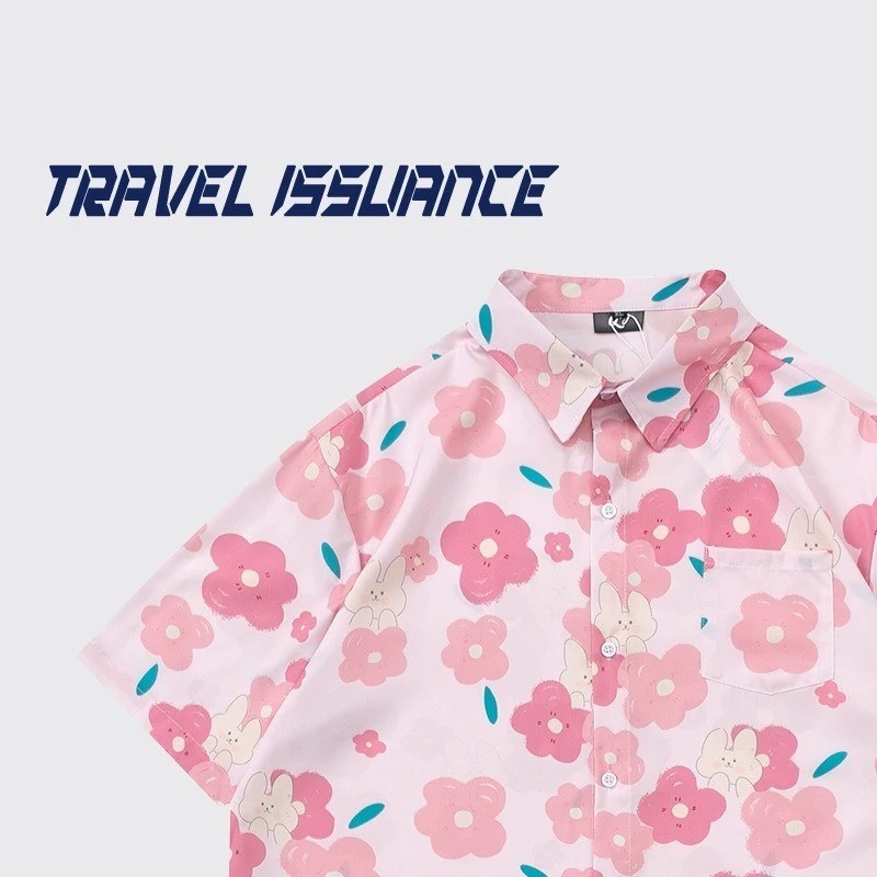 ผู้ชายผู้หญิงสไตล์เดียวกันดอกไม้อินเทรนด์น่ารักเยาวชนยอดนิยมแขนสั้น