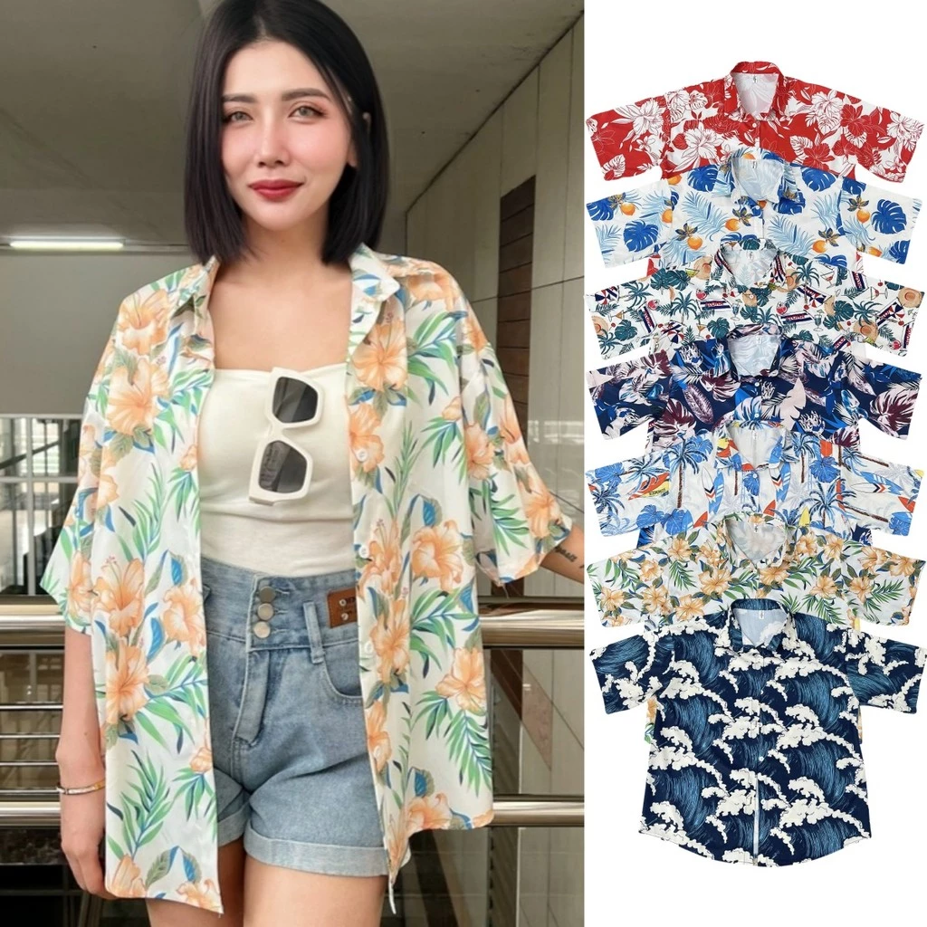 Chic เสื้อฮาวาย เชิ้ตคอปกแขนสั้น ลายดอก สไตล์เกาหลี