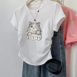 เสื้อยืดไหล่แมว สีดำ แขนสั้น สำหรับผู้หญิง ฤดูร้อน ดีไซน์ใหม่ ดีไซน์เก๋ ทรงสลิมฟิต เสื้อครอป เหมาะสำหรับผู้หญิง