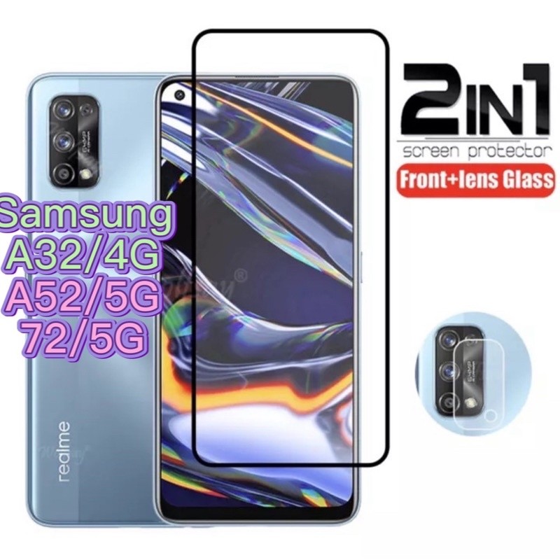 2in1 A32/4G A52/5G. A72/5Gฟิล์มเลนส์กล้อง + ฟิล์มกระจกเต็มจอขอบดำ ฟิล์มกันกระแท