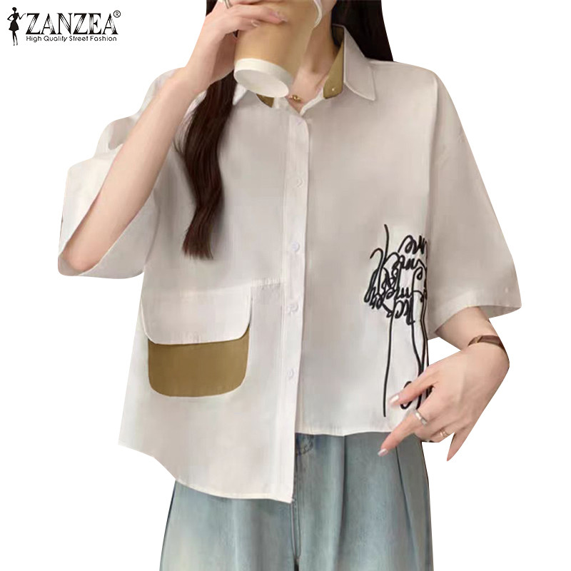 ZANZEA ใส่ ซานเซีย ผู้หญิงแฟชั่นเกาหลีเสื้อคอปกกระเป๋าแขนสั้นพิมพ์เสื้อ