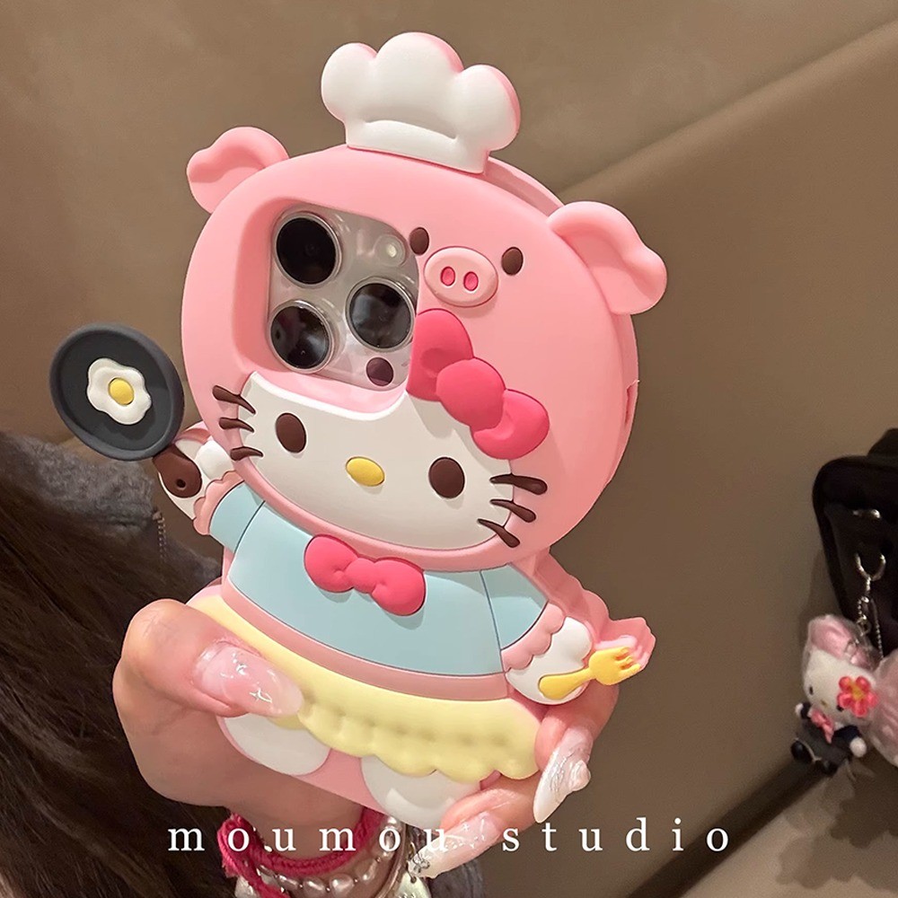 ปลอก Iphone 16 15 14 13 12 11 Pro Max เคสซิลิโคนนุ่มน่ารักการ์ตูน Hello Kitty Piggy Thicken กันกระแทกกล้องป้องกันกรณี Iphone 11