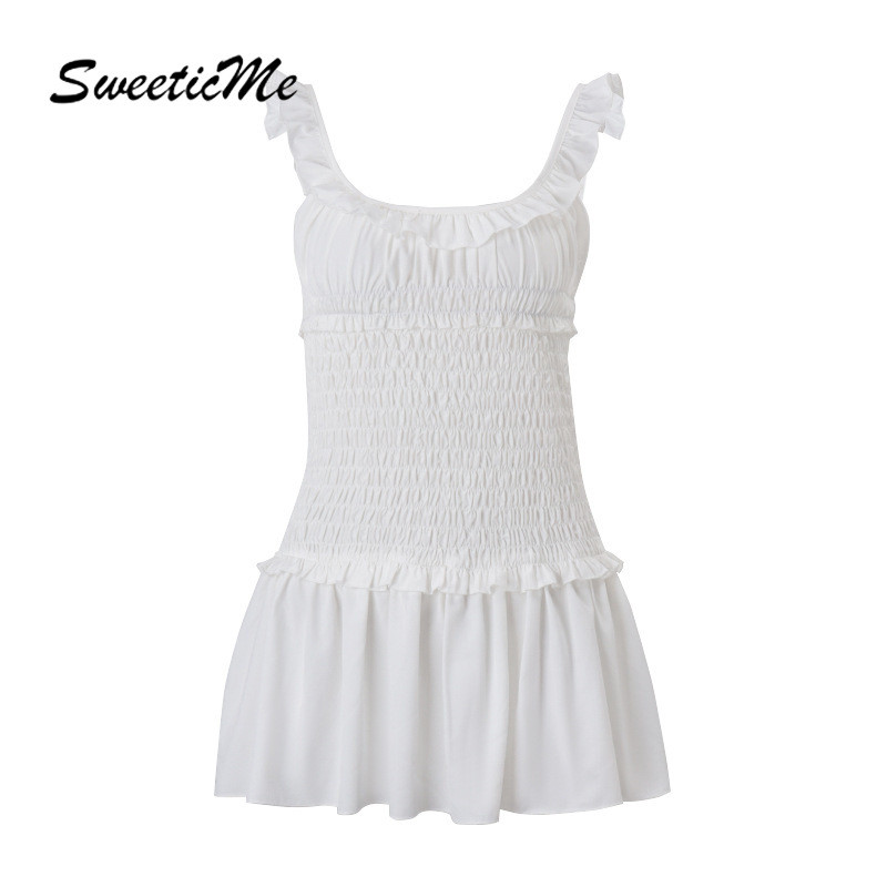 SweeticMe ชุดสตรี 2025 ใหม่แฟชั่นสีทึบ Slim Fit เซ็กซี่ Nipped สายรัดเอวชุดจีบ