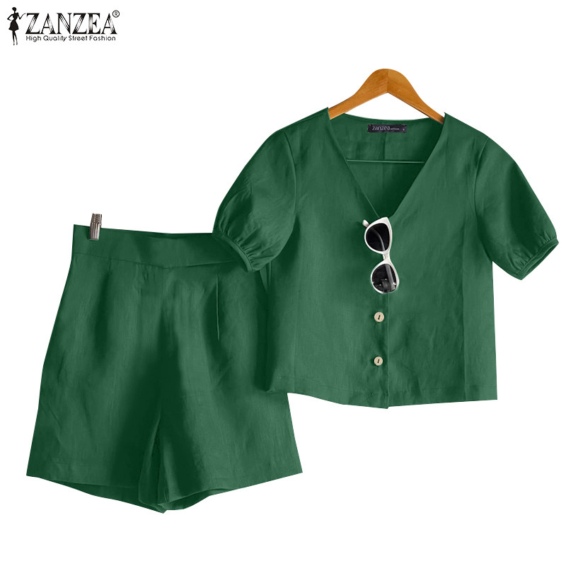 Zanzea ผู้หญิงเกาหลี Commute Casual V คอพัฟแขนเอวยางยืดชุด A-Line